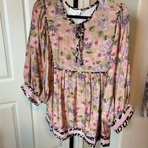 Entro Pink and Purple Floral Blouse with Leopard Accents